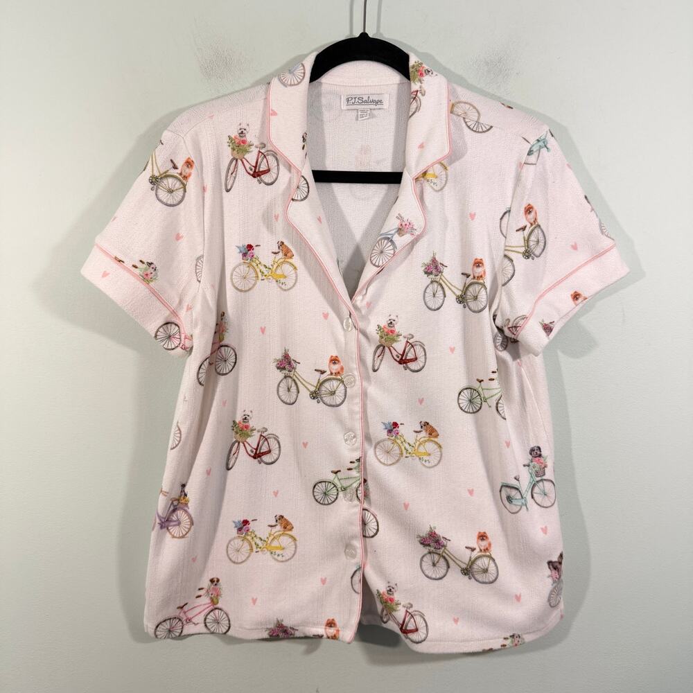 PJ Salvage Floral Market Dogs On Bike Short Sleeve Fleece Pajama Top Size S